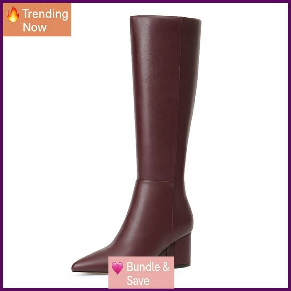 Knee High Boots Chunky Heel Pointed Toe Side Zipper Faux Leather